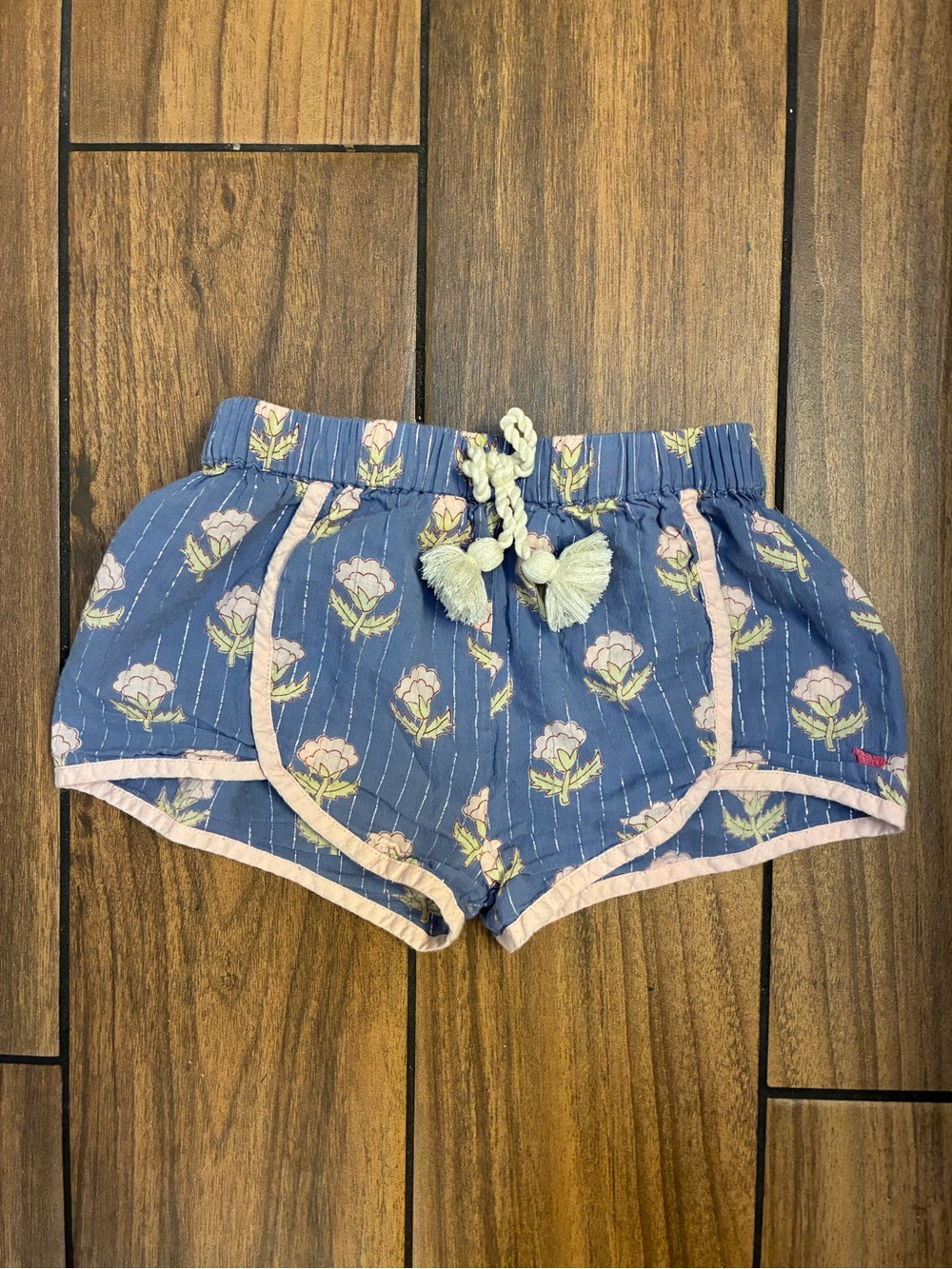 Pink Chicken Blue Floral Tassel Drawstring Shorts